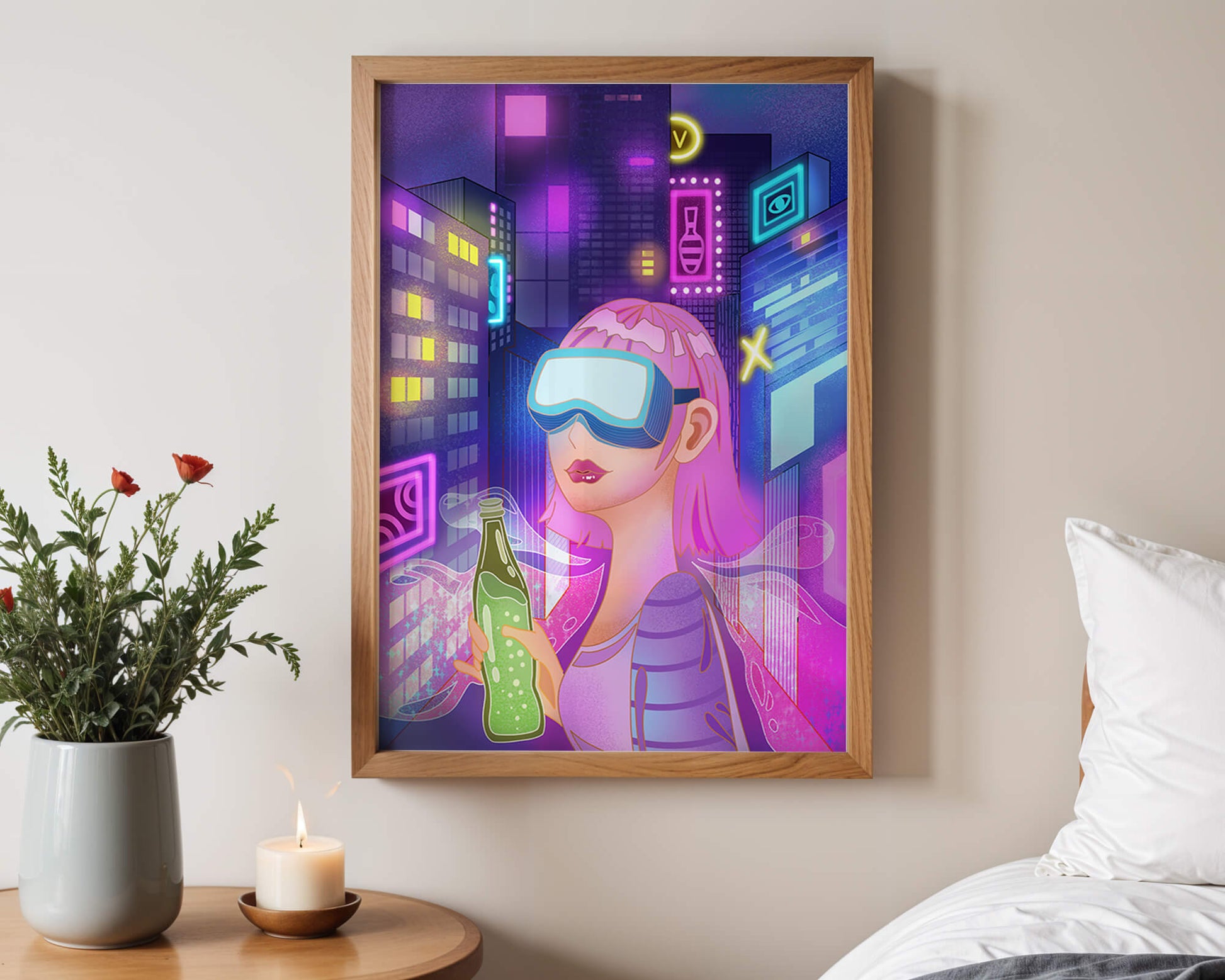 Futuristic urban scene with neon lights and virtual reality elements