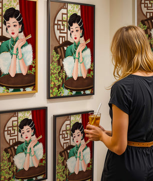 Elegant Woman in Traditional Asian Attire with Floral Background