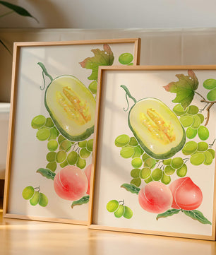 Ilustración de frutas vibrantes que incluye uvas, melón y duraznos