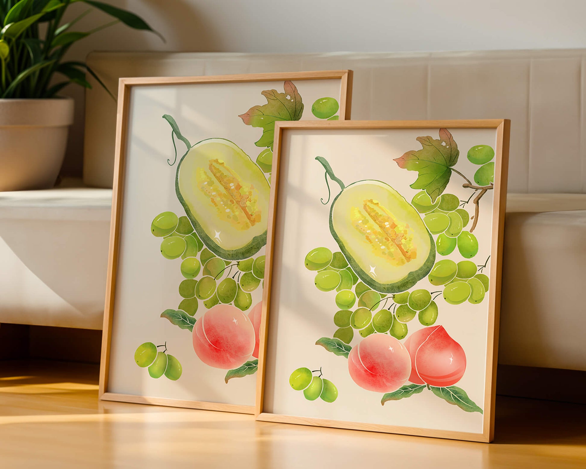 Ilustración de frutas vibrantes que incluye uvas, melón y duraznos