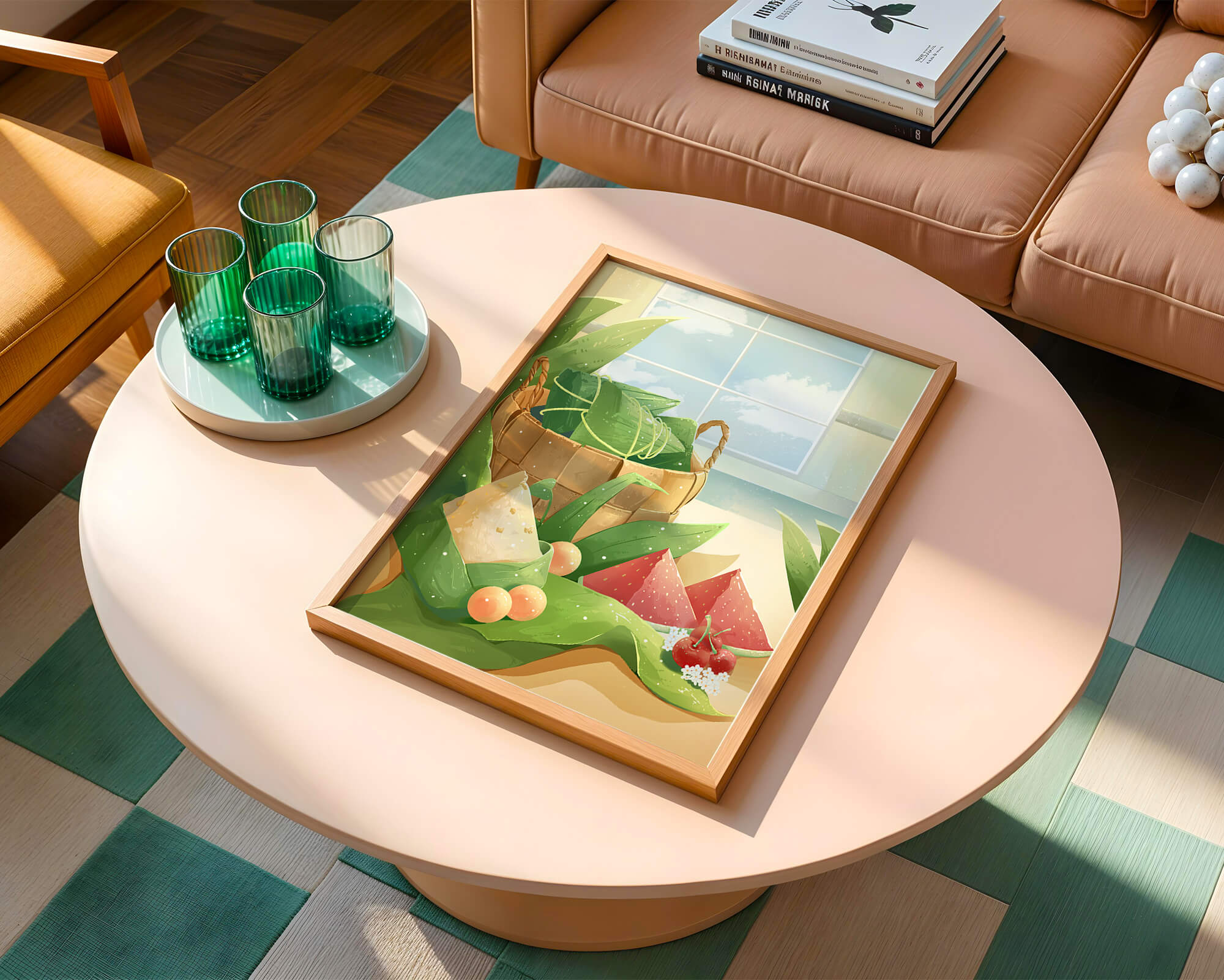 Serene kitchen scene with basket of fruits and leaves