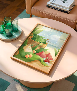 Scène de cuisine sereine avec un panier de fruits et de feuilles