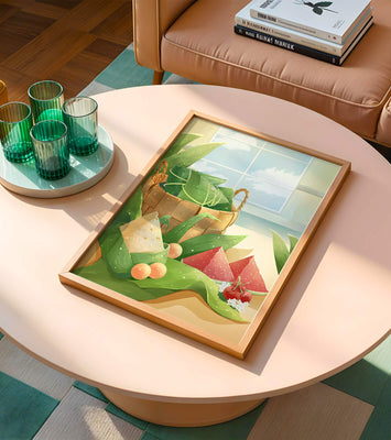 Serene kitchen scene with basket of fruits and leaves