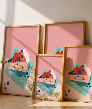 Bunte Dessertillustration mit Erdbeeren und Blaubeeren auf pastellfarbenem Hintergrund