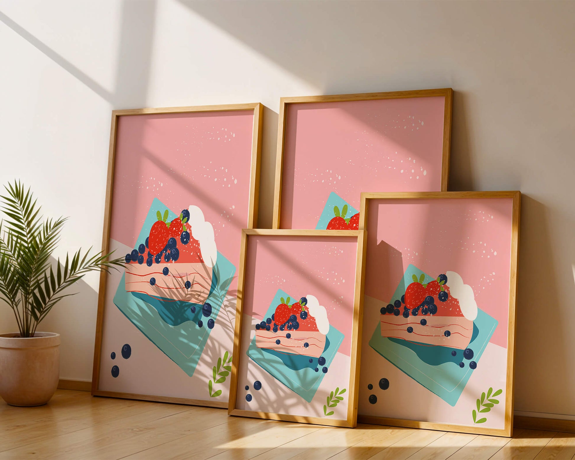 Bunte Dessertillustration mit Erdbeeren und Blaubeeren auf pastellfarbenem Hintergrund