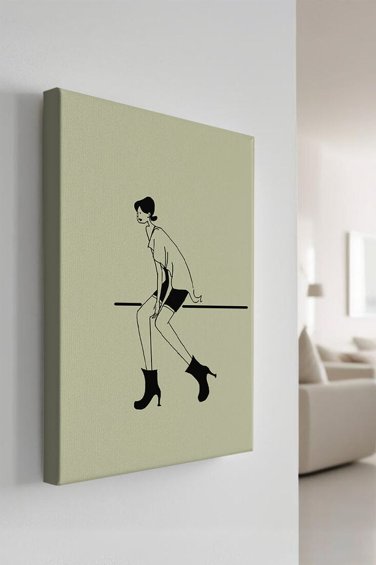 Schicke minimalistische Illustration einer sitzenden Frau in stylischen Stiefeln