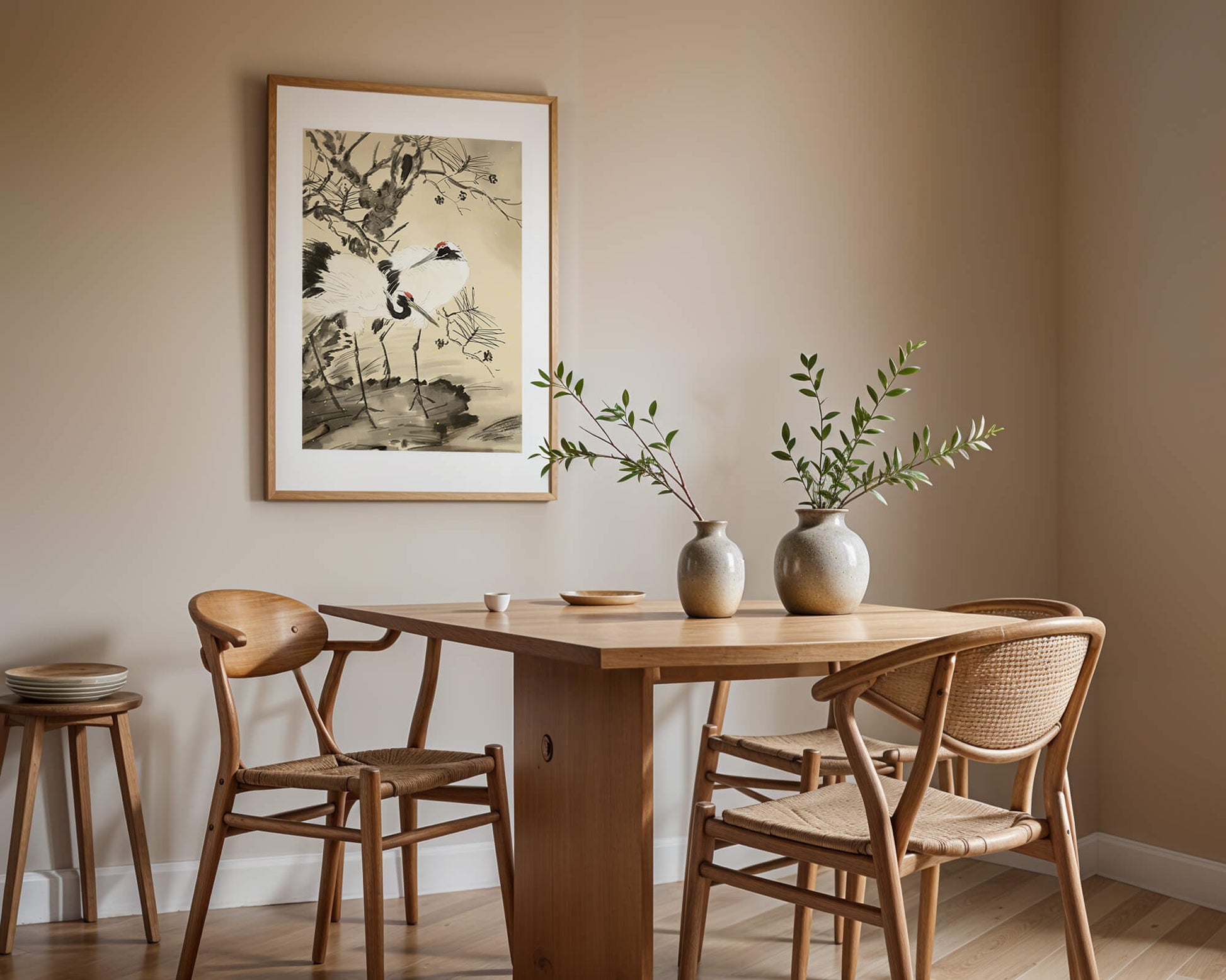 Pintura tradicional japonesa de grullas con pino y detalles dorados
