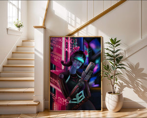 Futuristic Cyborg Woman in Digital Neon Landscape - Mi tienda