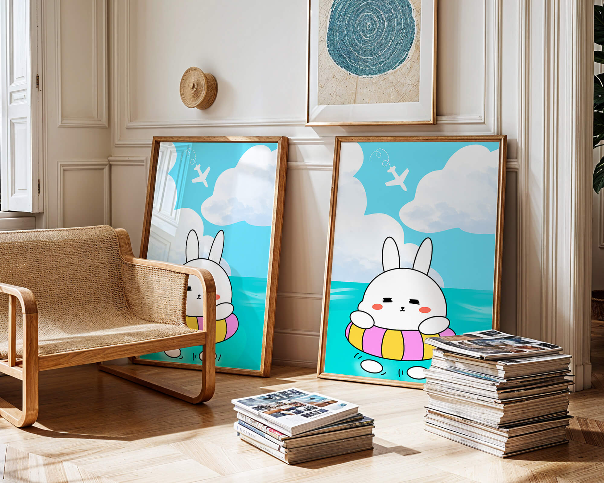 Illustration of a cute bunny floating on a colorful inflatable in a blue ocean under a bright sky with an airplane