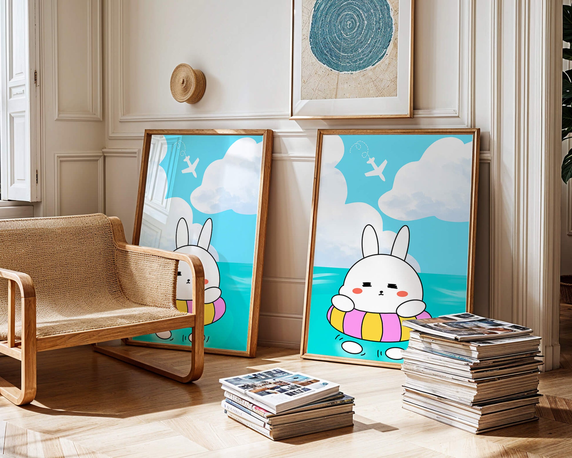 Illustration of a cute bunny floating on a colorful inflatable in a blue ocean under a bright sky with an airplane
