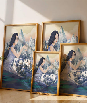 Majestic Woman Overlooking Snowy Mountain Landscape