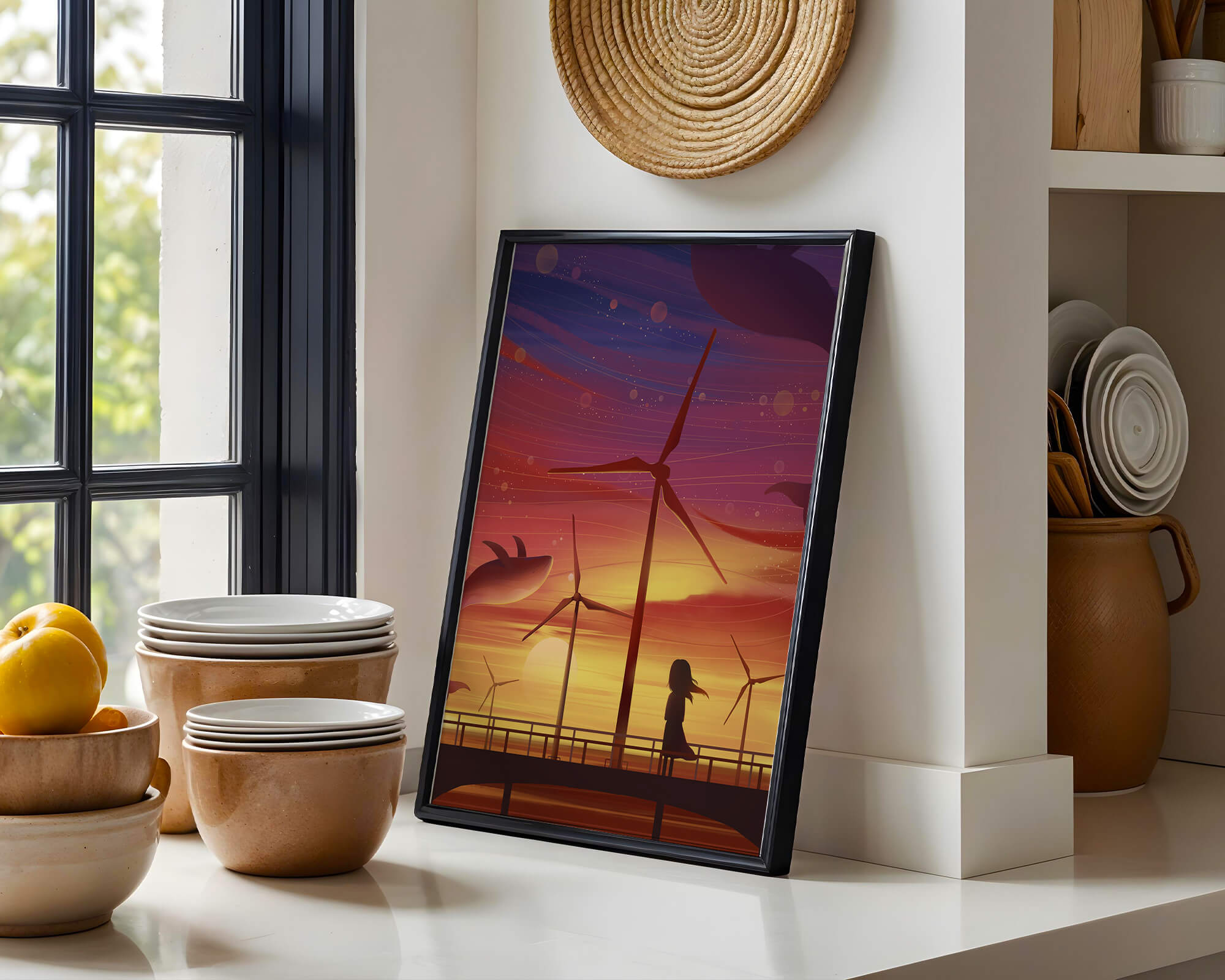 Enchanting sunset scene with wind turbines and silhouette of a girl