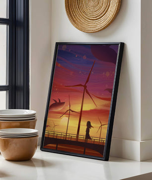Enchanting sunset scene with wind turbines and silhouette of a girl