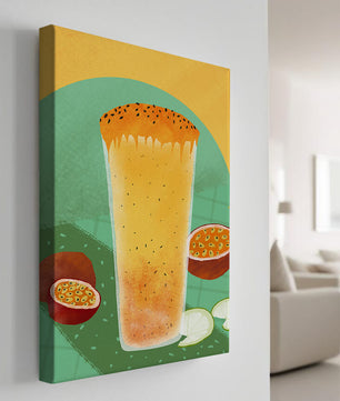 Illustrated tropical passion fruit drink with fresh slices