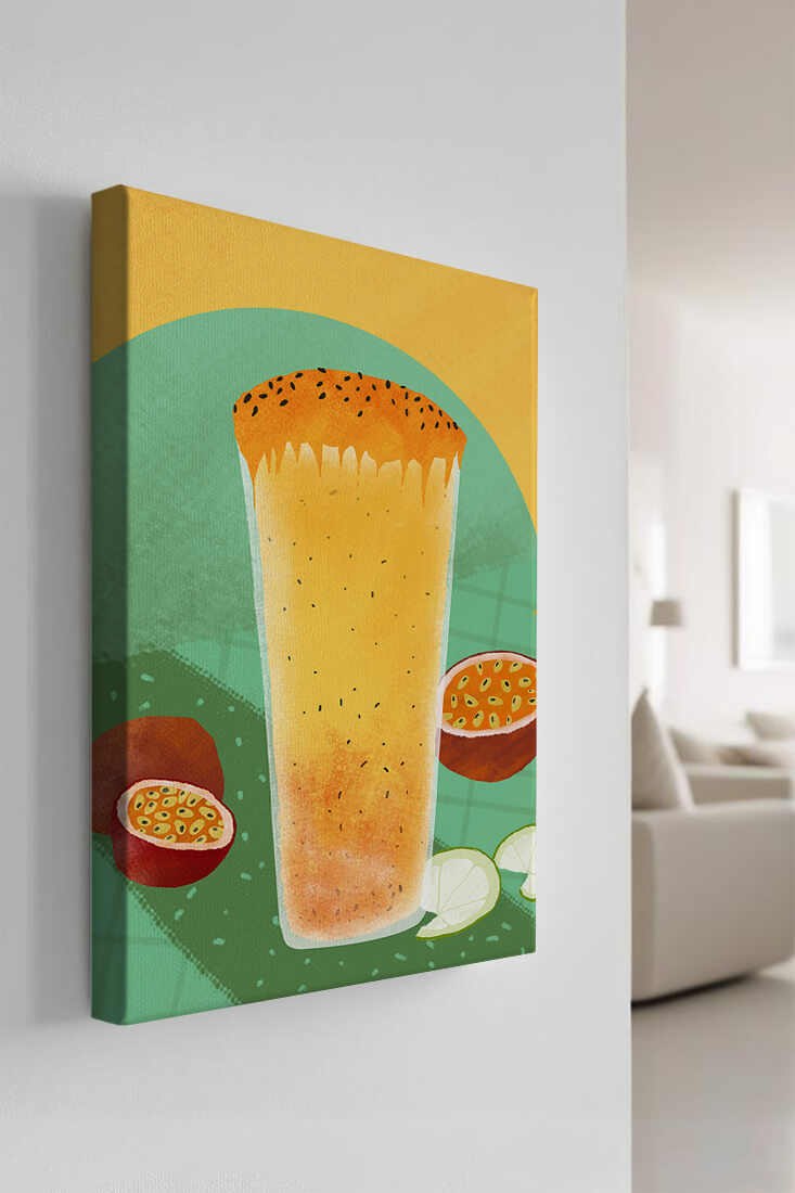 Illustrated tropical passion fruit drink with fresh slices