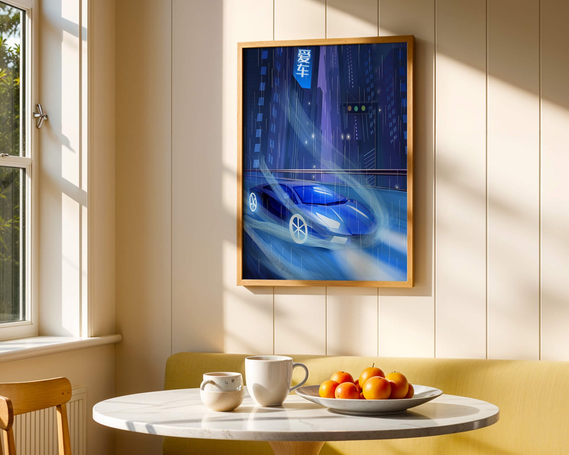 Futuristic blue car speeding through neon-lit rainy cityscape