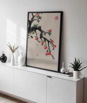 Asian ink painting featuring cherry blossoms on a textured background