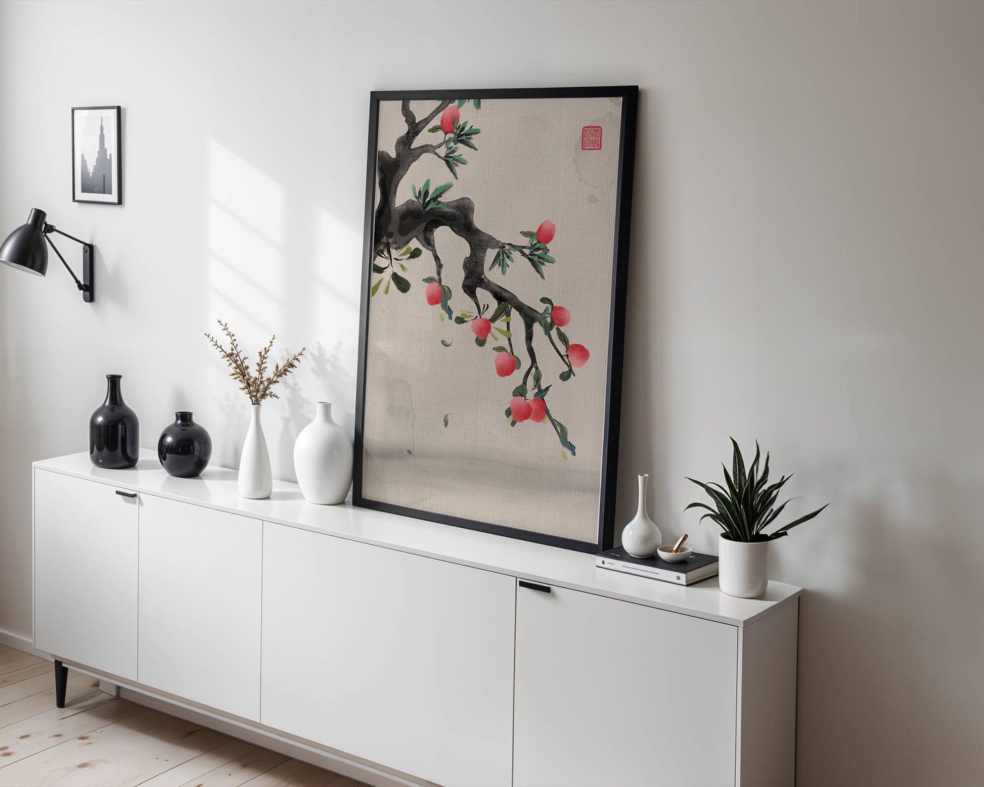 Asian ink painting featuring cherry blossoms on a textured background
