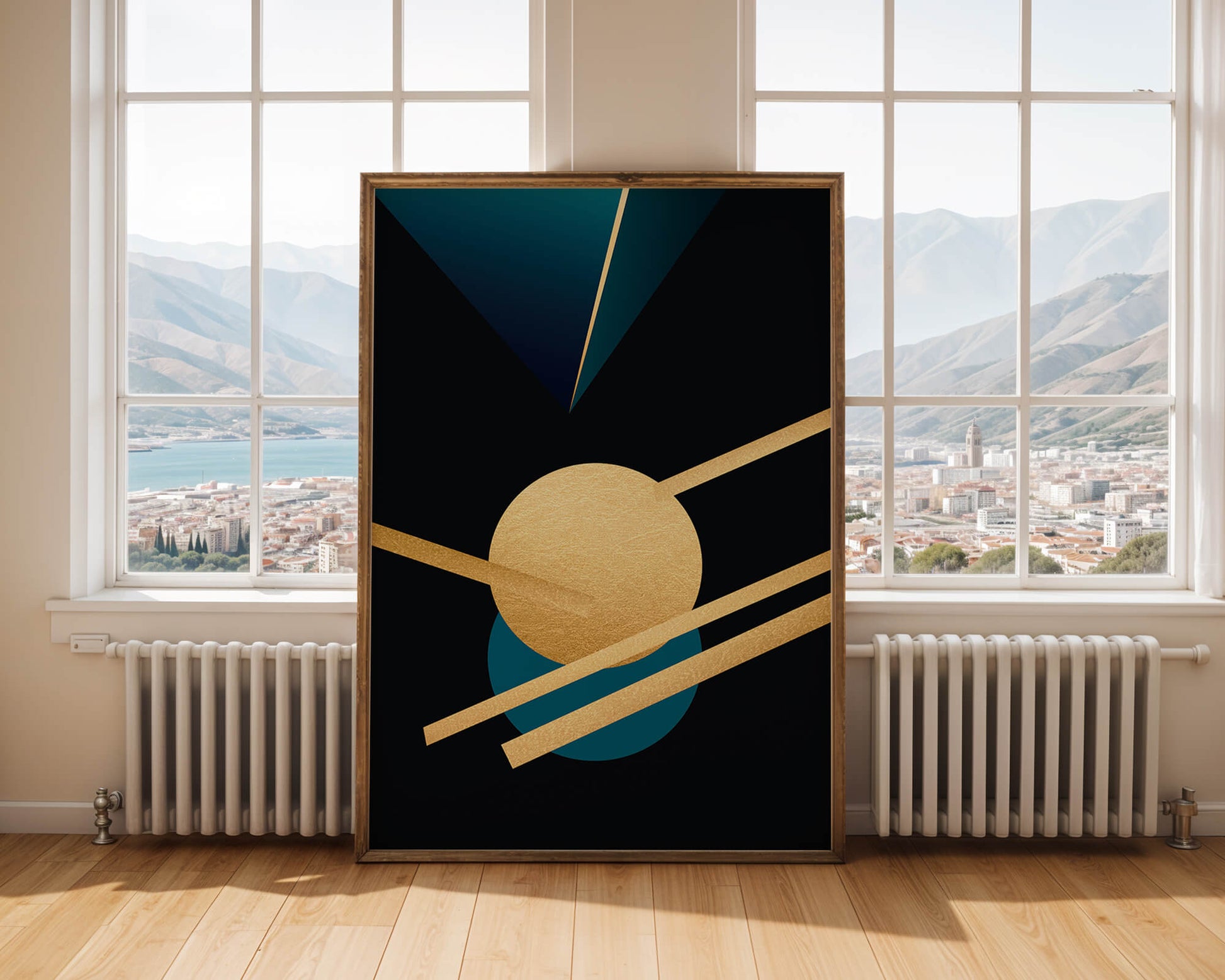 Abstract Geometric Composition with Gold and Blue Elements