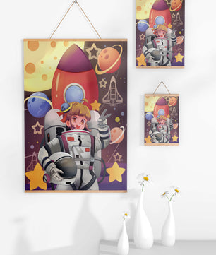 Ilustración de una chica astronauta con temática espacial
