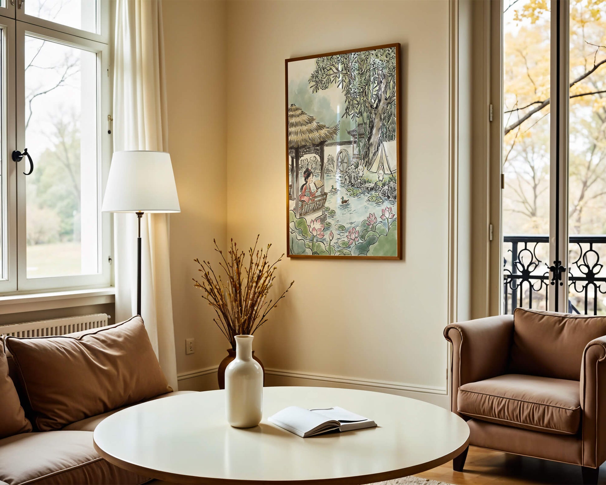 Escena tranquila de jardín con mujer, patos y conejos en un entorno tradicional