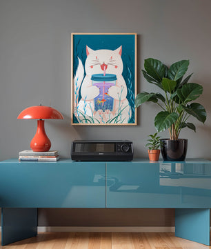 Playful cat with a fish tank tumbler in the underwater scene illustration