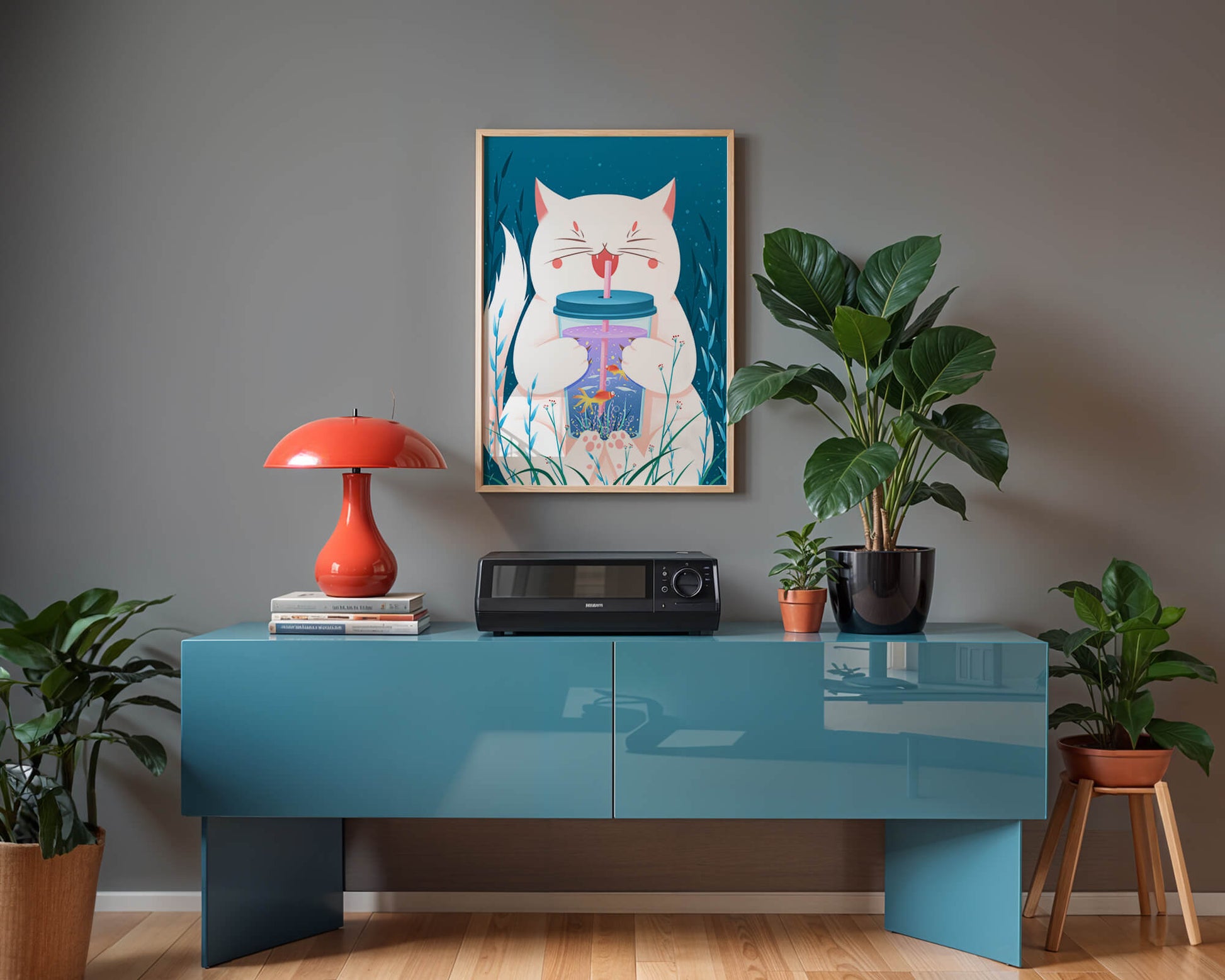 Playful cat with a fish tank tumbler in the underwater scene illustration