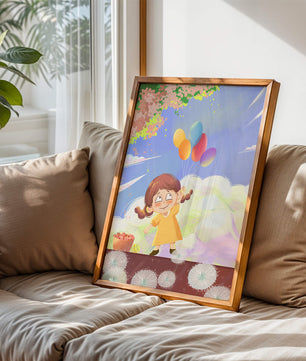 Whimsical illustration of a girl with balloons under vibrant pink blossoms