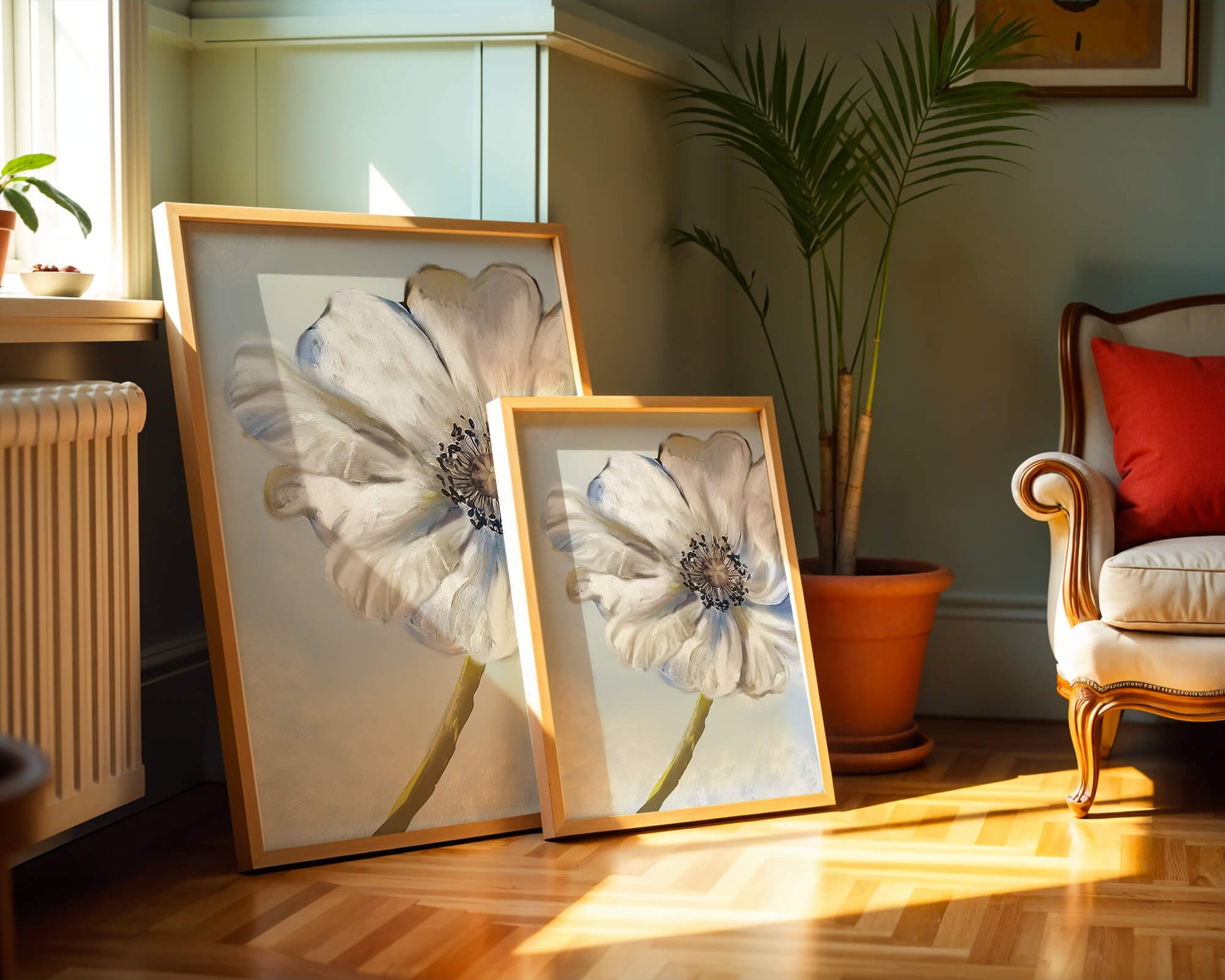 Captivating white flower art with blue hues on a pastel background