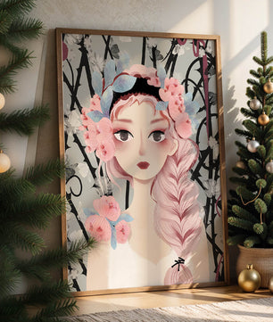 Ilustración caprichosa de una chica con cabello rosa y corona floral