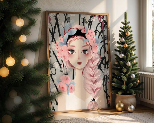 Whimsical illustration of a girl with pink hair and floral crown