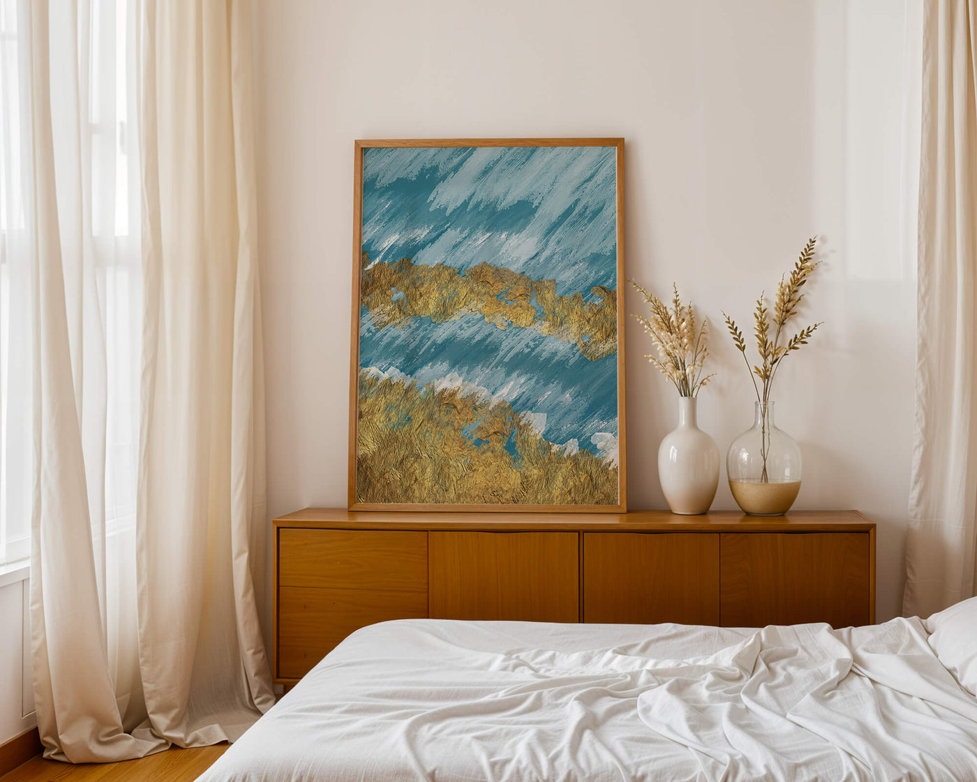 Abstract painting with gold texture and blue background