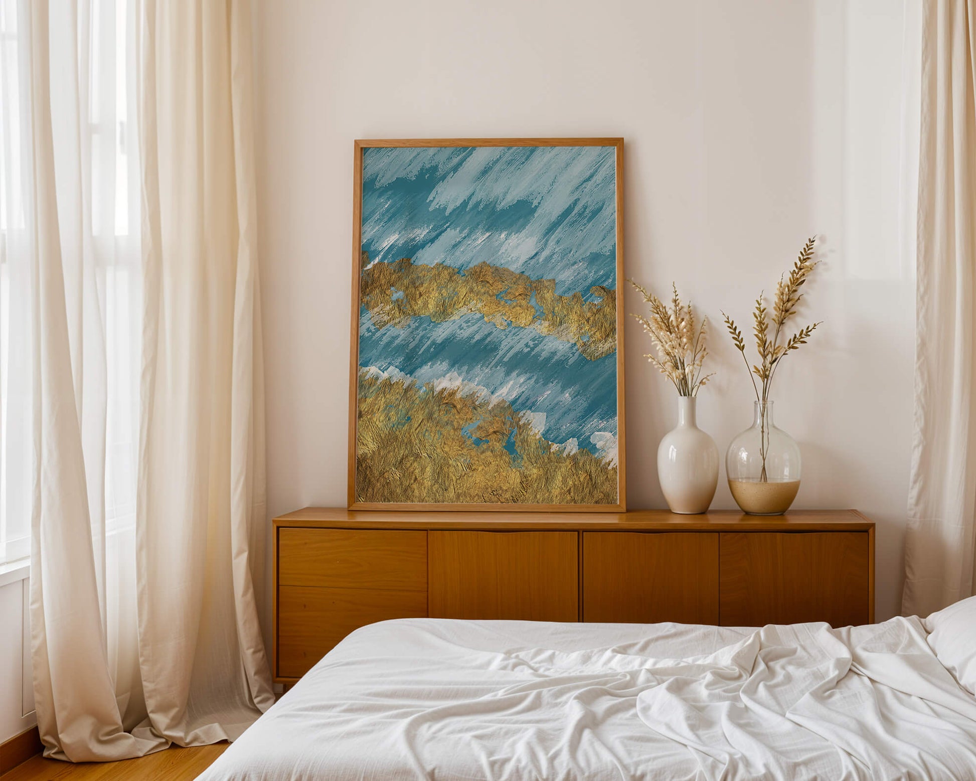 Abstract painting with gold texture and blue background