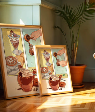 Ilustración artística de café y postre con detalles dorados