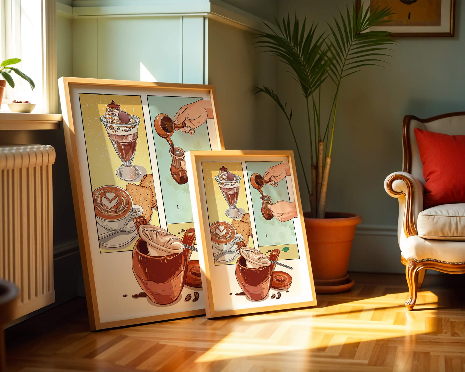 Ilustración artística de café y postre con detalles dorados