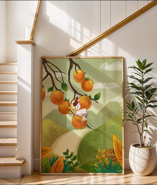 Femme assise sur un fruit orange dans un paysage surréaliste