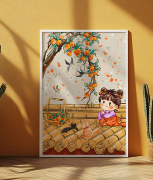 Charming illustration of a child with cats on a rooftop beneath a fruit tree