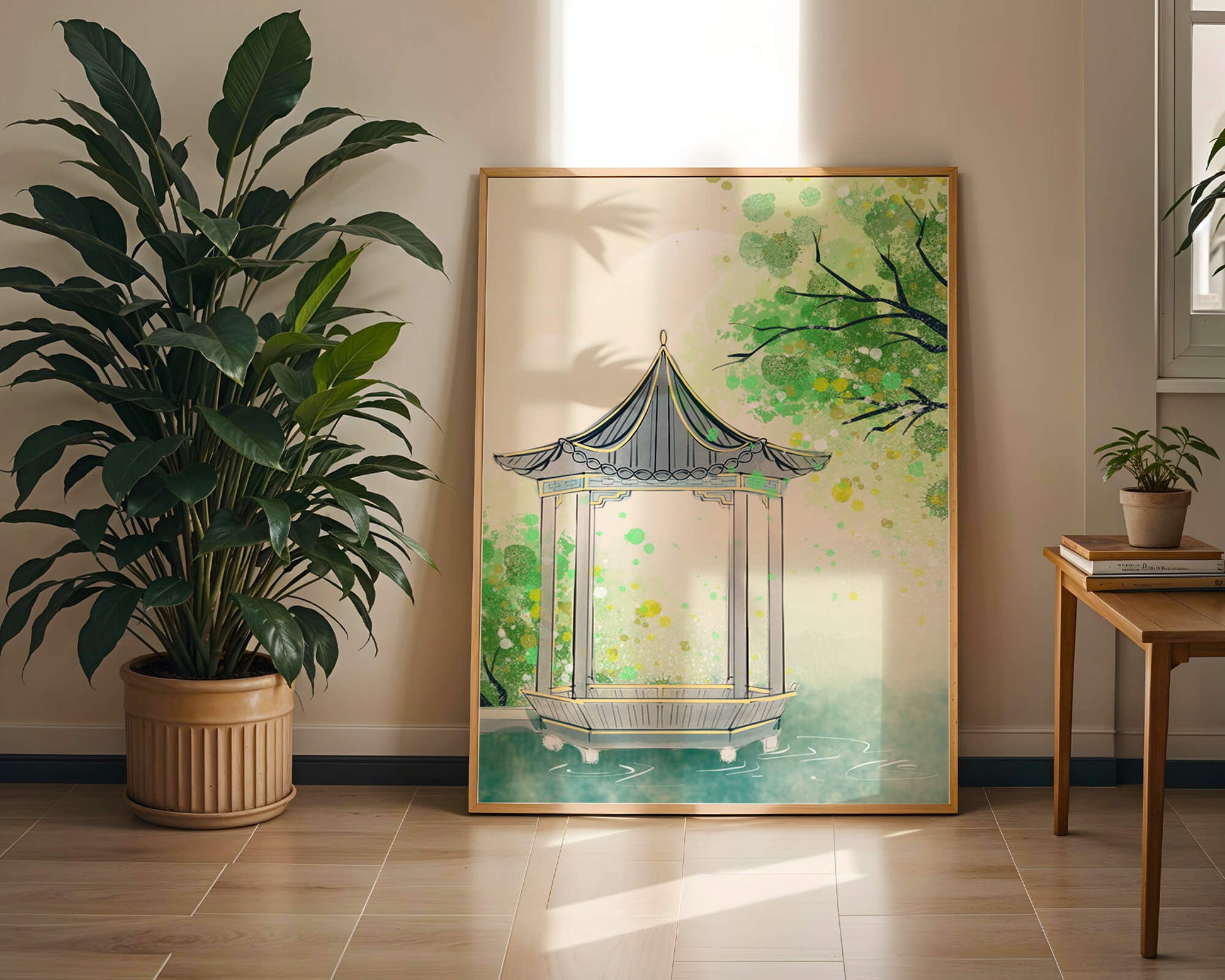 Serene garden pavilion amidst lush green trees and calm waters
