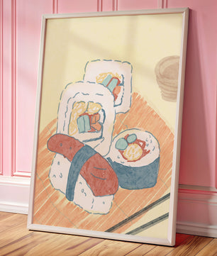 Illustration of assorted sushi on a wooden board