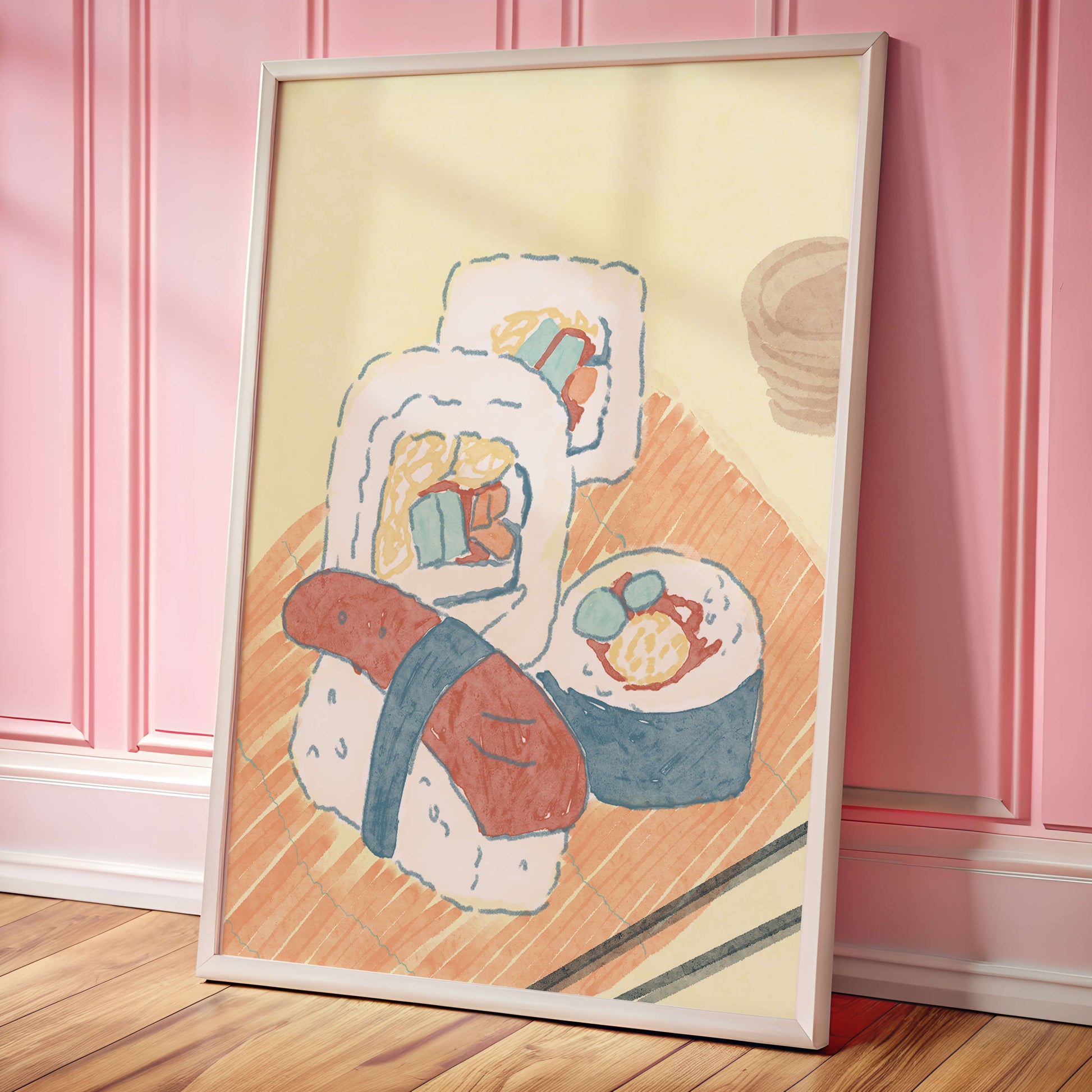 Illustration of assorted sushi on a wooden board