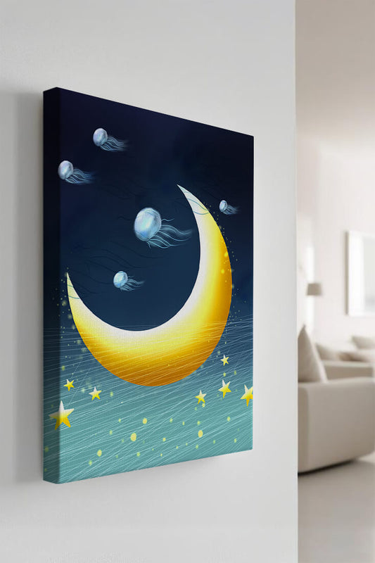 Night sky with golden crescent moon and jellyfish drifting