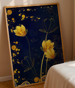 Diseño floral elegante con flores doradas sobre fondo azul marino