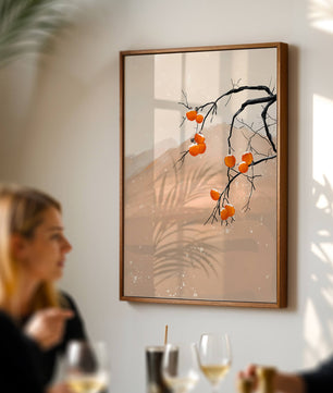 Branch with Persimmons and Snow in Minimalistic Landscape