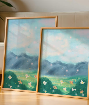 Serene Landscape with Blooming Flowers and Majestic Mountains
