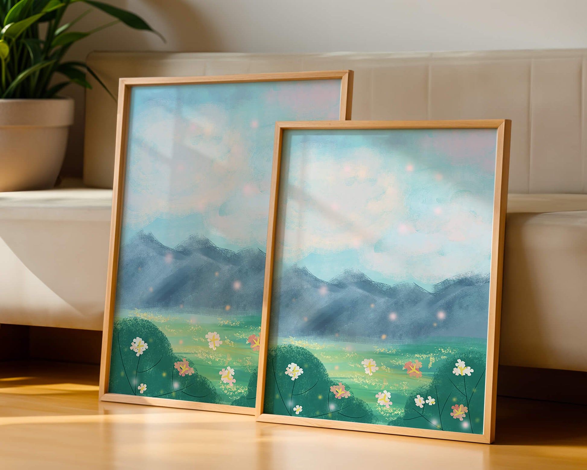 Serene Landscape with Blooming Flowers and Majestic Mountains