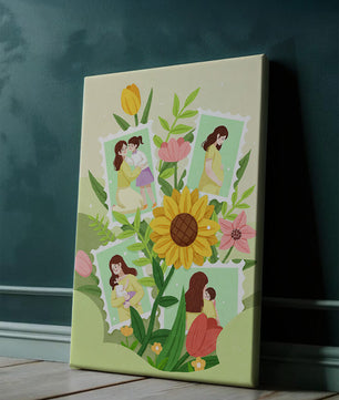 Ilustración de momentos familiares con fondo floral vibrante
