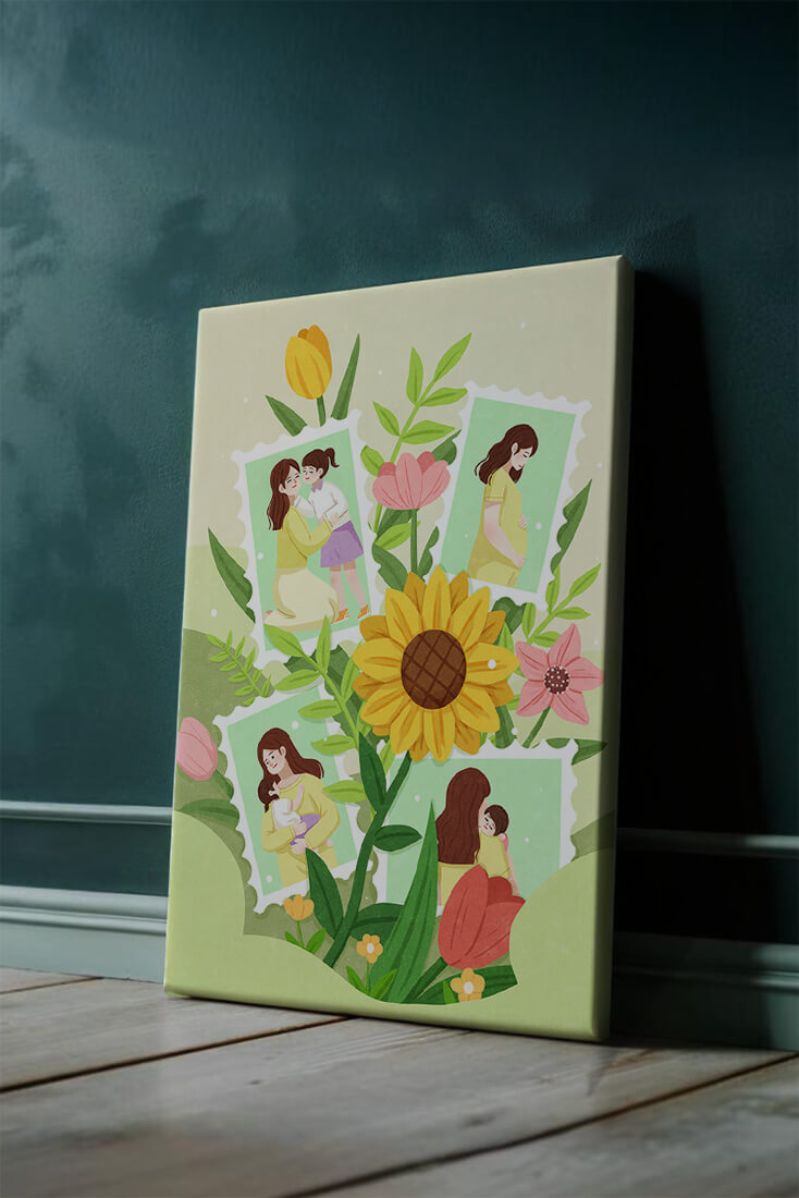 Ilustración de momentos familiares con fondo floral vibrante