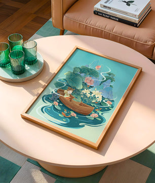 Heitere Landschaft mit Lotus und Boot in einer ruhigen Wasserszene