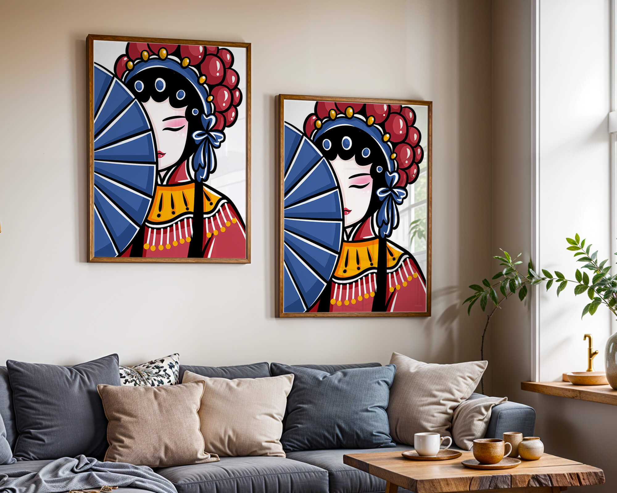 Traditional Asian opera character with fan and decorative headpiece