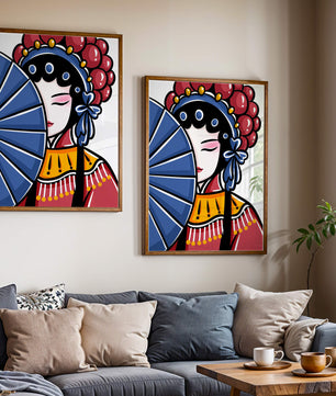 Traditional Asian opera character with fan and decorative headpiece